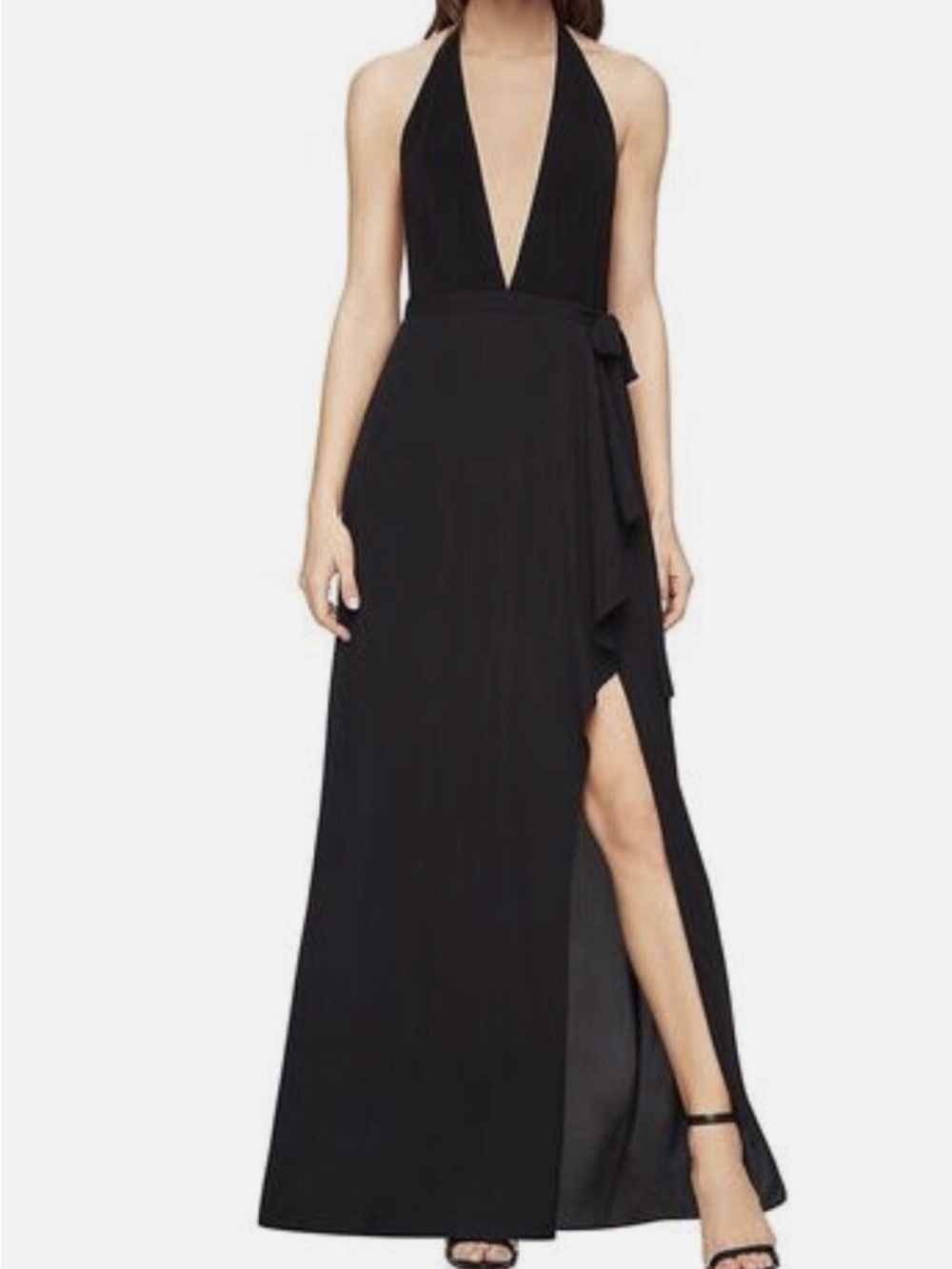 BCBG Black Halter Deep-V Wrap Maxi Dress